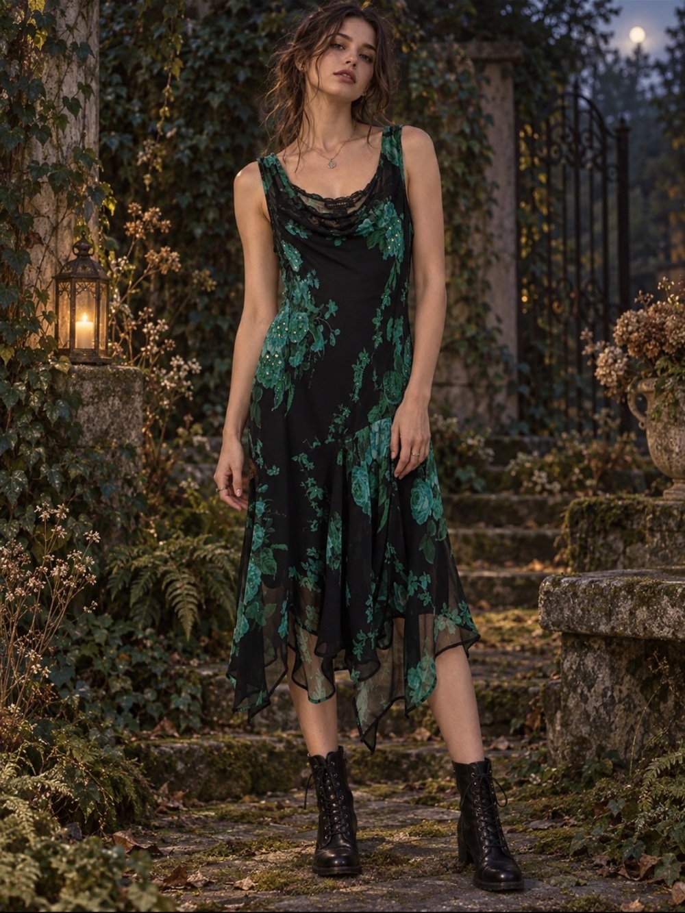 VTG 90s Connected Apparel Black Beaded Floral Dress Whimsgoth Grunge Fairycore